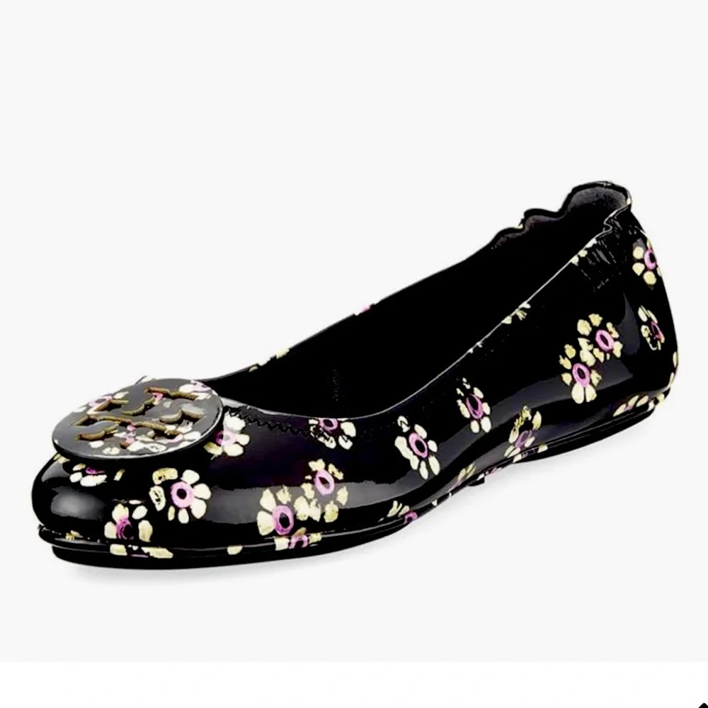 TORY BURCH Minnie Travel Logo Ballet Flats Black Pink Stamped Floral Size 6